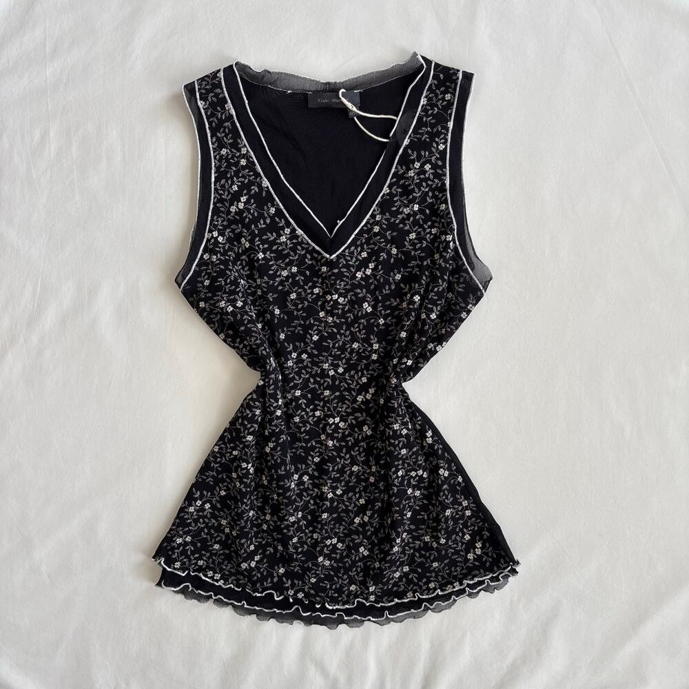 Y2K Floral Tunic Kiabi Black V-Neck Top - Size M
